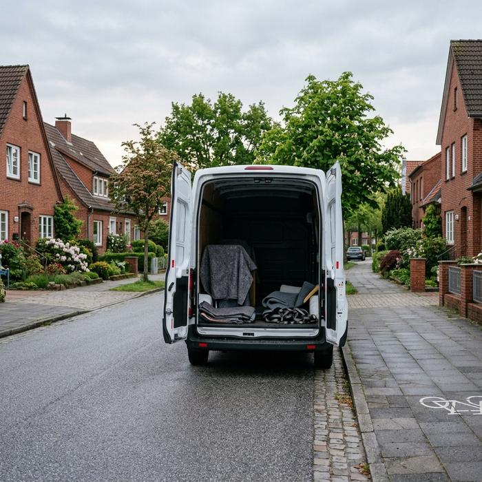 Weißer Transporter ohne Beschriftung in einer ruhigen Wohnstraße mit Backsteinhäusern