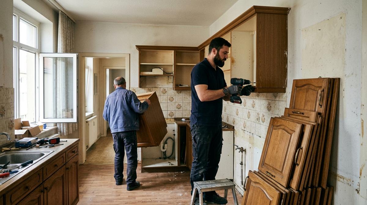 Einbauküche wird demontiert, Schranktüren stehen gestapelt an der Wand