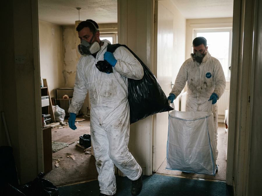 Zwei Mitarbeiter in Schutzanzügen bei einer Spezialräumung tragen verschlossene Säcke aus einer Wohnung