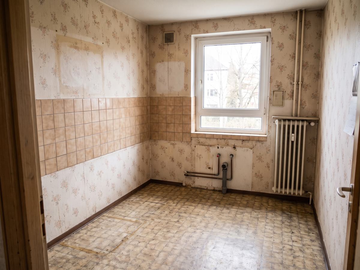 Nachher: dieselbe Küche demontiert, Anschlüsse verschlossen, Fläche frei