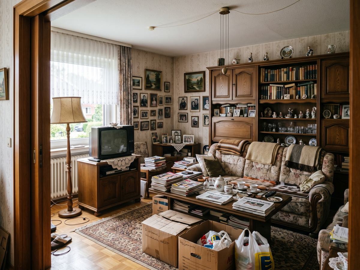 Vorher: voll eingerichtetes Wohnzimmer mit Schrankwand, Sofa, Kartons und Teppich